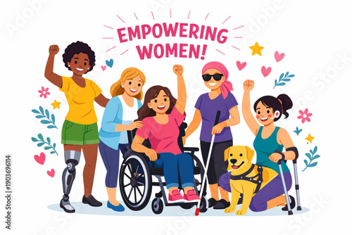 Diverse women with disabilities and a service dog celebrate empowerment and inclusion