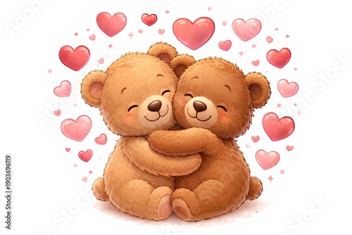 Cute teddy bears hugging surrounded by hearts