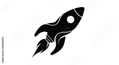 A simple black silhouette of a rocket ship blasting off with flames and smoke