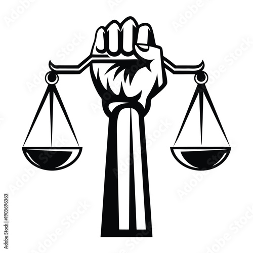 Black and white fist holding a balance scale symbolizing justice and power