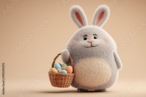 Cute 3D stylized Easter bunny with a wicker basket full of colorful eggs in a light beige studio setting