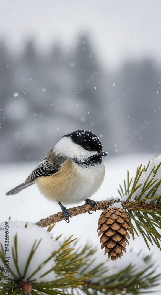 Naklejka premium Small perching bird with black cap and bib rests on a snow-dusted evergreen branch during a gentle snowfall