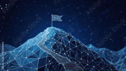 Digital mountaintop with flag, interconnected path