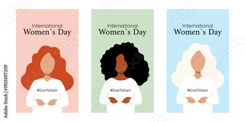 Set of modern posters celebrating International Womens Day with stylish female portraits and floral elements.