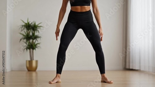 woman doing deep squat exercise in bright room