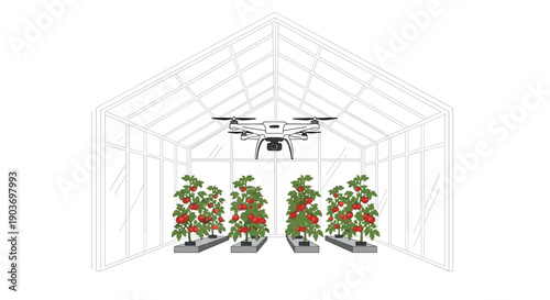 Unmanned Aerial Vehicle Drone Inspecting Tomato Crops Inside a Large Greenhouse Structure Illustration