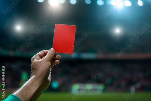 A referee holds a red card in his hand. soccer, football