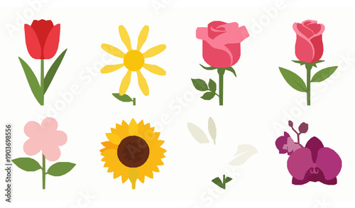 Colorful spring and summer flowers flat vector icon collection