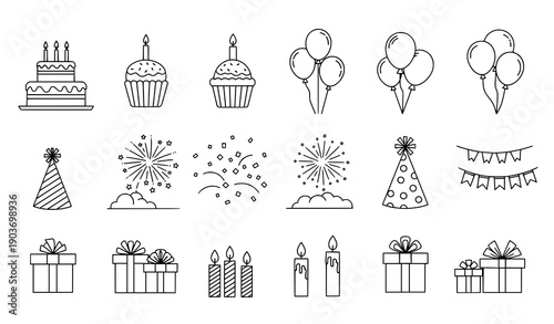 Celebration and party thin line icon set with birthday and event symbols