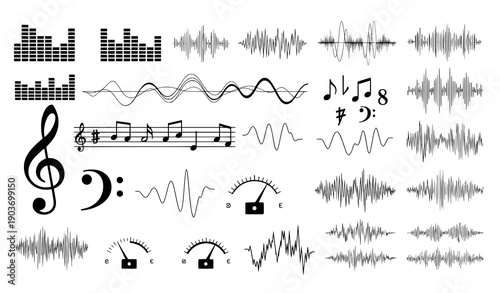 Music and sound wave vector set with audio equalizer elements