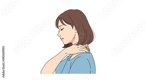 Side Profile of a Woman Touching Her Sore Neck and Shoulder Due to Muscle Pain Illustration