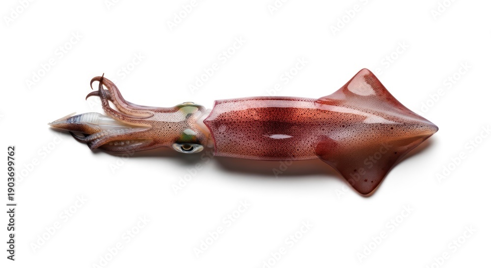 Obraz premium Fresh, whole, raw squid with tentacles, head, and mantle on a stark white background