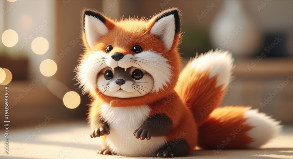 Naklejka premium Adorable small mammal peeks out from inside a fluffy orange costume resembling a wild canid