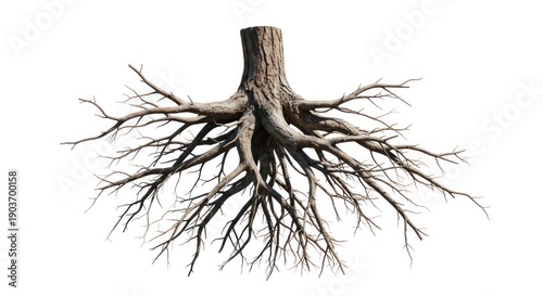 Isolated overhead view of exposed tree roots and trunk, devoid of leaves, on white background