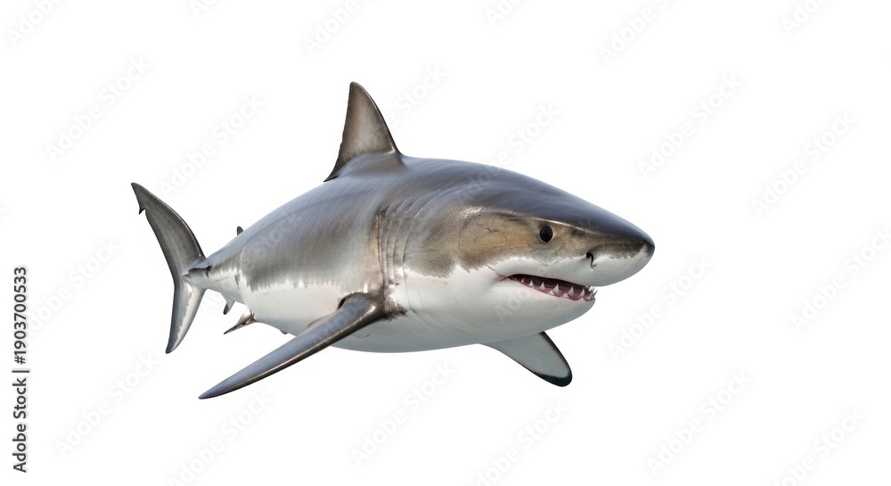 Naklejka premium Realistic, isolated image of a great white shark, mostly white, angled with visible teeth