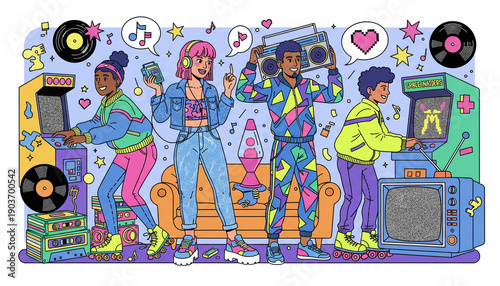 illustration of people enjoying retro fashion, cassette tapes, arcade games and vintage items for National Retro Day
