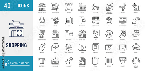 Shopping icon set. Includes cart, shop, offer, delivery, e-commerce, buy, product, customer, online shopping and more. Outline Icon Set. Editable stroke with Vector illustration