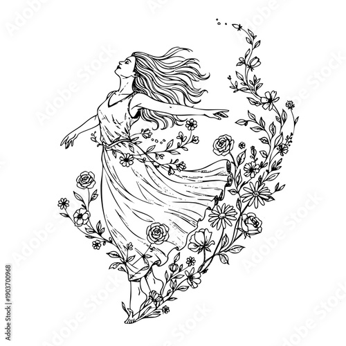 Graceful young woman in a long dress dancing surrounded by floral wreaths and blooming roses. Minimalist black and white vector line art for wellness, beauty, and nature concepts.