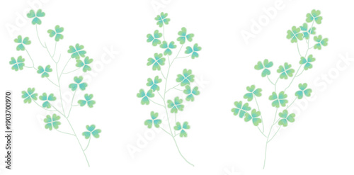 Set of hand-drawn clover branches with green leaves on white background. soft pastel , Minimalist , mild and organic ornament . isolated, transparent background.