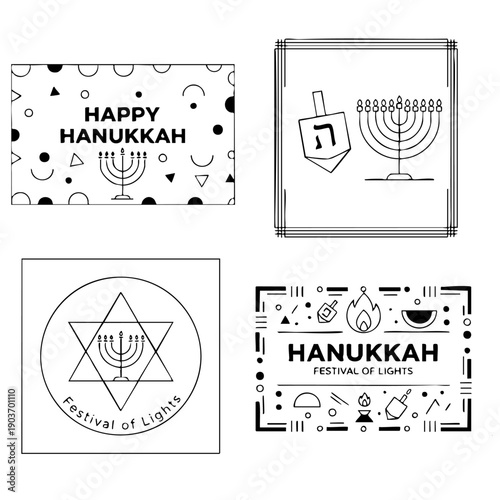 Collection of four Hanukkah designs including greeting cards, logos, and emblems with menorah and dreidel. Minimalist black and white vector line art for Jewish holiday celebration.