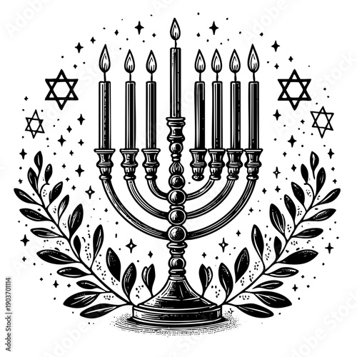 Ornate Hanukkah menorah with lit candles, olive branches, and stars of David. Minimalist black and white vector line art for Jewish holiday and peace concepts