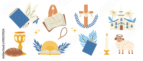 Cute Christian Easter element set with Jesus, cross, Bible, church, dove, lamb and lily. Religious cartoon symbols in flat vector style.