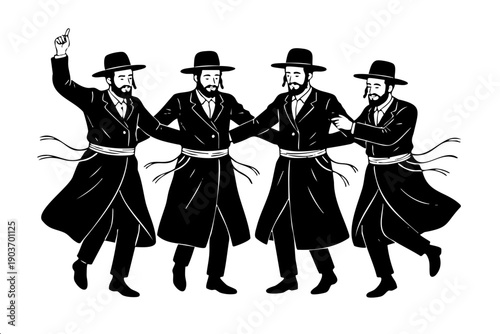 A group of four Jewish men in traditional black coats and hats dancing together. Minimalist black and white vector line art for celebration, religion, and community concepts.