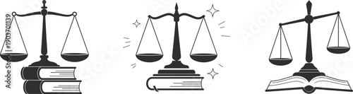 Black and white vector icon set featuring scales of justice balanced on law books for legal education judicial system and professional attorney research.