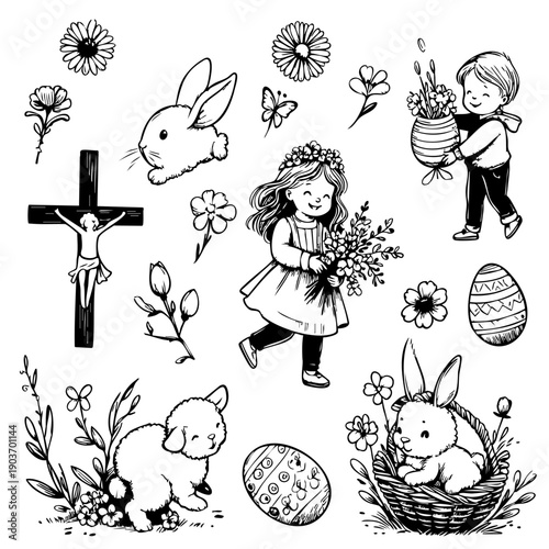 Cute Easter collection featuring a rabbit, lamb, children with flowers, decorated eggs, and a crucifix. Minimalist black and white vector line art for spring holiday design.