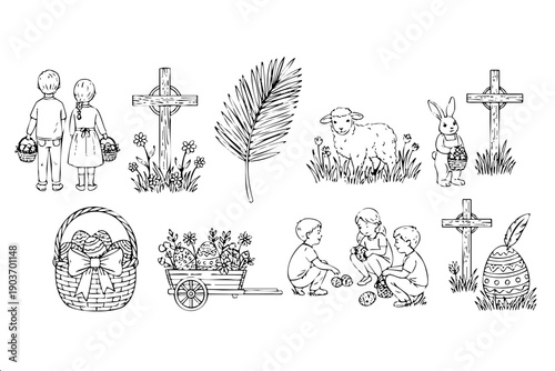 Christian Easter collection with children hunting for eggs, palm branch, wooden cross, and lamb. Minimalist black and white vector line art for spring holiday and church design.