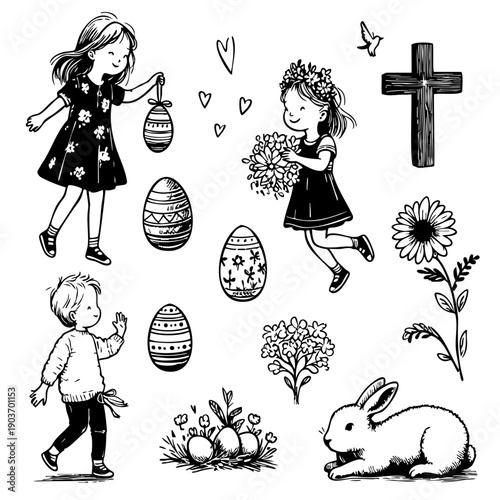 A collection of Easter illustrations featuring children with eggs and flowers, a bunny, and a wooden cross. Minimalist black and white vector line art for spring celebration and faith.