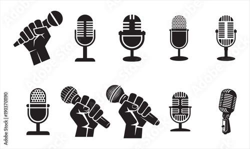 Microphone Icon Set Collection in Black Silhouette for Audio, vector illustration eps 10