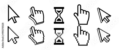 Collection of computer mouse cursors and pointers including arrow, hand pointer, and hourglass loading icons in vector style