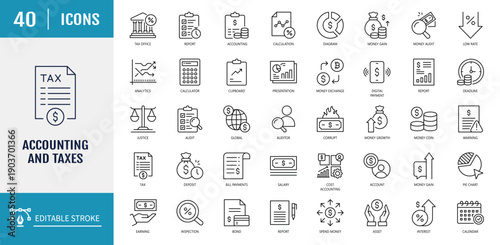 Accounting and taxes Icon set. Outline Icon Set. Editable stroke with Vector illustration