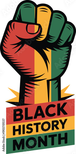 Black History Month vector illustration featuring a raised fist silhouette with red yellow and green pan-African flag colors for February cultural celebration and activism