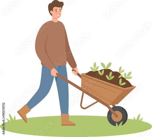 Man Pushing Wheelbarrow with Plants Gardening Flat Vector Illustration