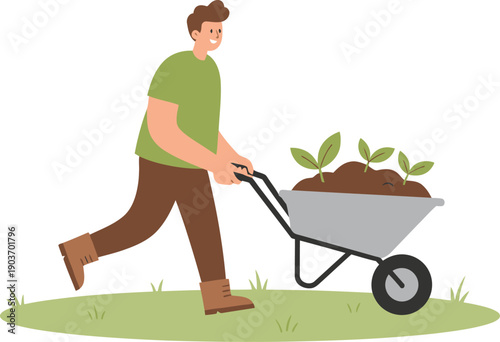 Man Pushing Wheelbarrow with Plants Gardening Flat Vector Illustration