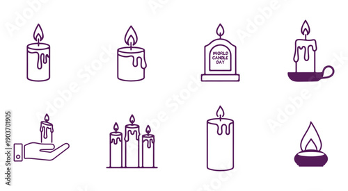 Collection of eight different candle icons and illustrations