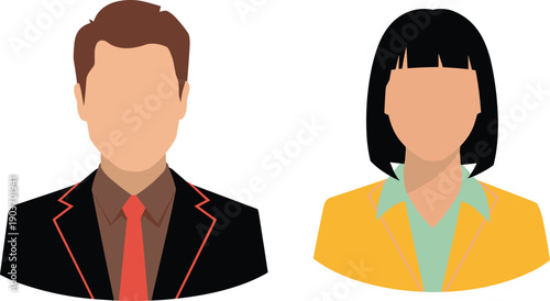 Flat vector illustration of professional male and female business avatars in suits isolated on white background for corporate profile pictures and user interface design