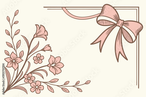 Vintage frame with bow. Coquette border with flower. Hand drawn coquettish ribbon with elegant girly elements. Retro flowers, bows, floral accessory. Vector decor set