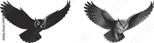 Majestic flying owl vector set featuring a solid black silhouette and a detailed feathered predator illustration with orange eyes for logos, tattoos, and mascots.