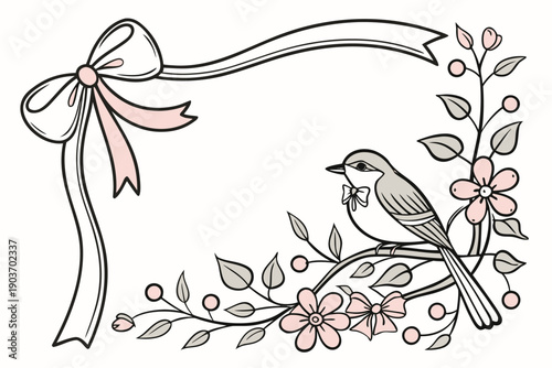 Vintage frame with bow. Coquette border with flower. Hand drawn coquettish ribbon with elegant girly elements. Retro flowers, bows, floral accessory. Vector decor set