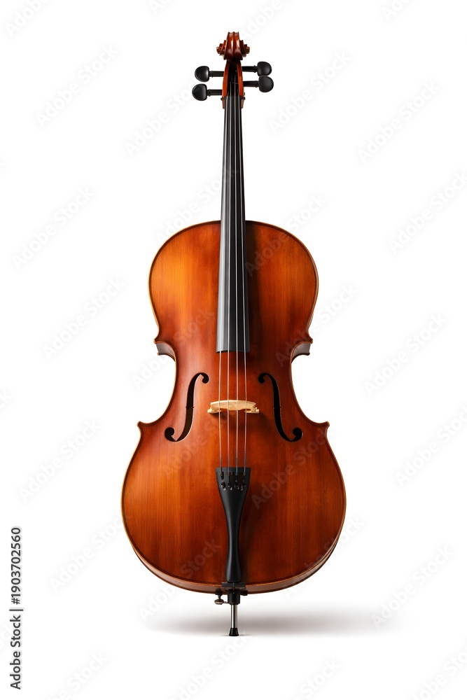 Fototapeta premium A violin stands upright on a flat surface. It is in a home studio setting where music practice occurs. Natural light fills the room, highlighting its shape and color