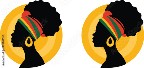 Profile Silhouette of Beautiful African Woman with Afro Hair Wearing Traditional Colorful Headwrap and Gold Earrings Isolated on Yellow Background for Black History Month