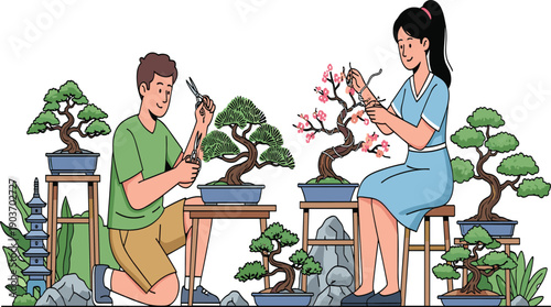 Couple gardening bonsai trees, pruning miniature plants, woman trimming flowers, man shaping bonsai branches, horticulture hobby, peaceful garden, nature care, lifestyle