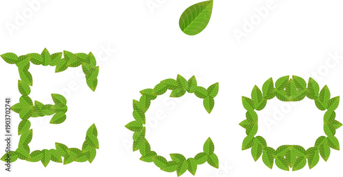 Inscription ECO from green leaves with leaf on white background, vector eps 10