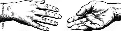 PrintVintage Woodcut Style Illustration of Two Human Hands Reaching Out Toward Each Other Symbolizing Connection Support Help Cooperation Partnership Unity Compassion and Mutual Trust