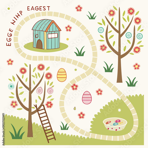 Playful Easter Egg Hunt Map Template for Kids Event with Cute Illustrations and Treasure Trail