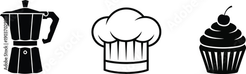 Minimalist black and white vector silhouette icons of a moka pot coffee maker, chef hat, and cupcake isolated on a white background.