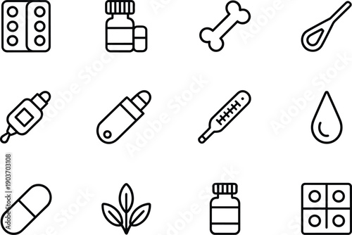 Veterinary medical icons for pet care with bone shape and medicine bottles representing animal health and clinic